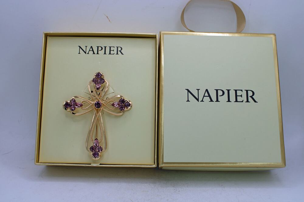Napier Goldtone Purple Rhinestone Cross Brooch NIB